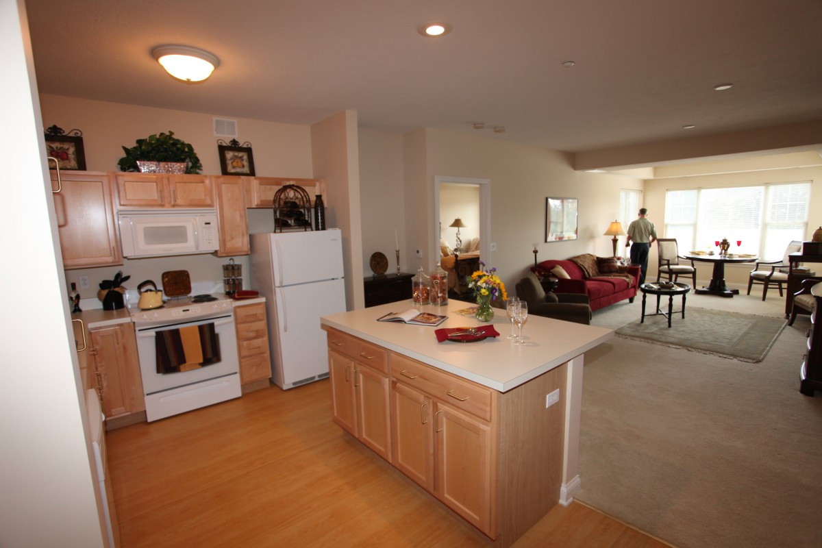 An open floor plan apartment with a kitchen and living room area, featuring modern furniture and decor.