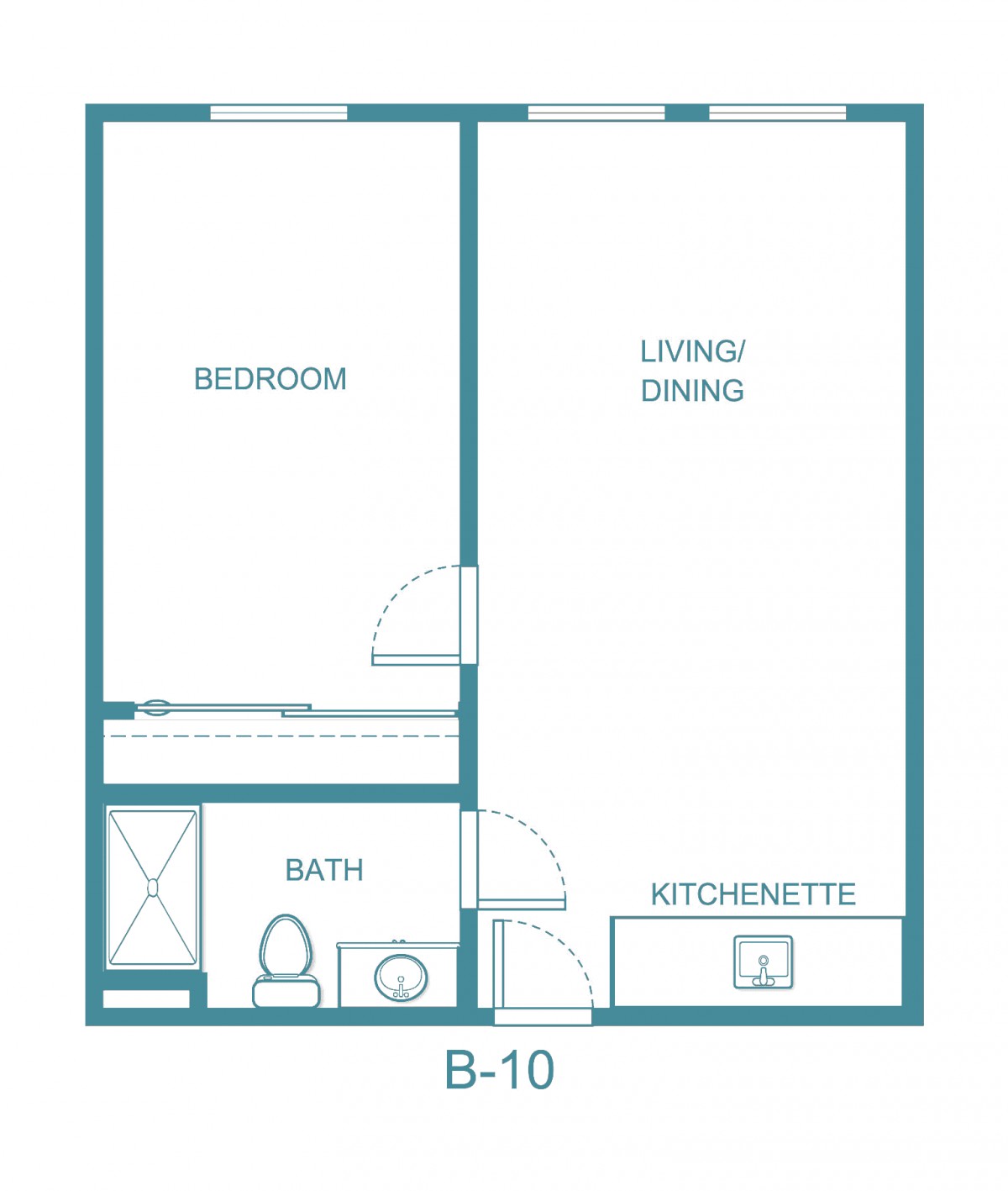 A floor plan of a studio apartment featuring a bedroom, bathroom, living/dining area, and a kitchenette.