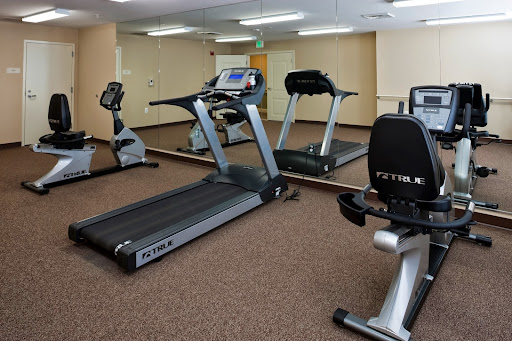A well-equipped indoor gym featuring a treadmill and stationary bikes.