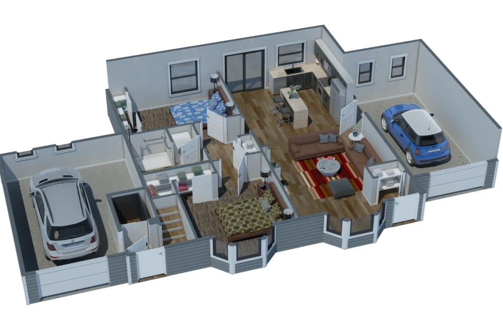 A 3D-rendered floor plan showcasing the interior layout of a residential space.