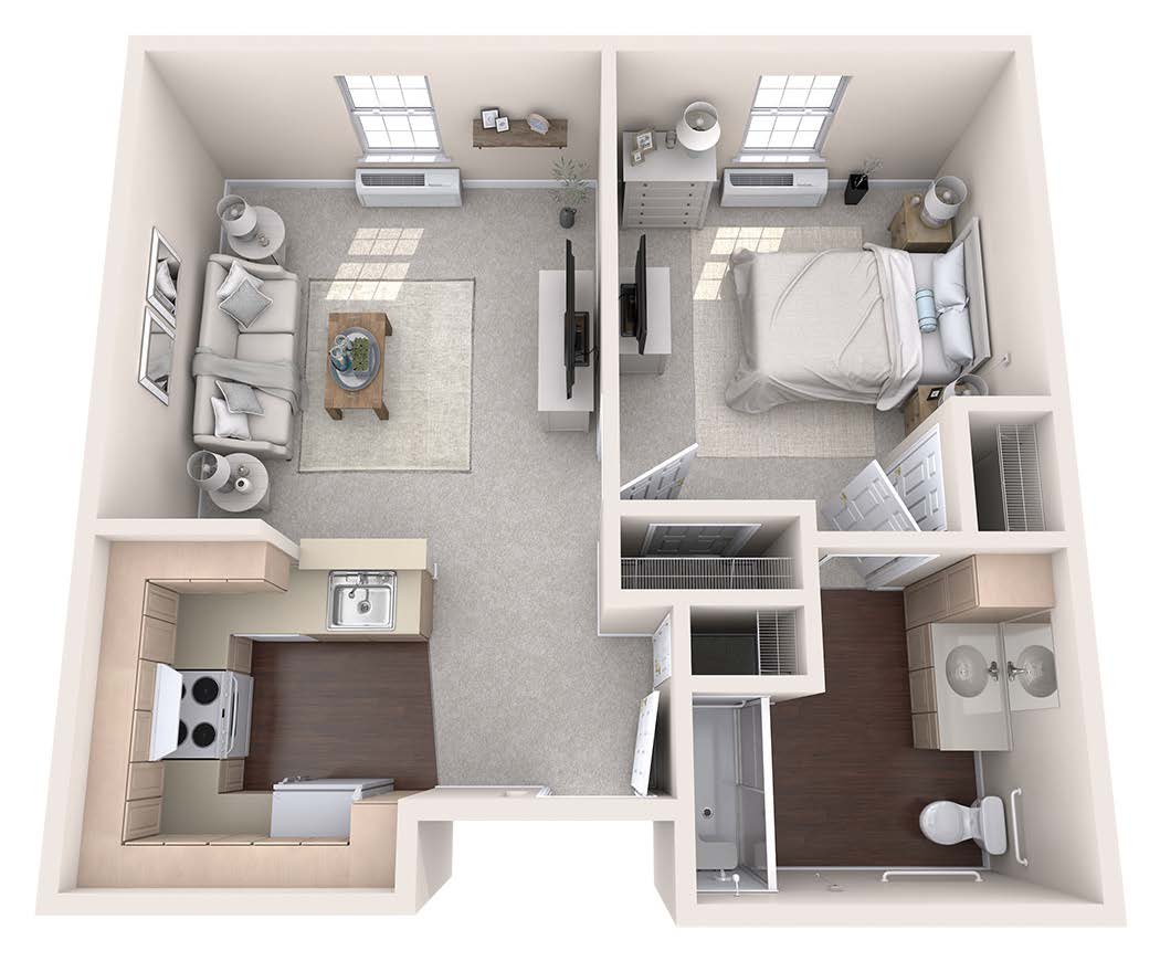 A 3D floor plan of a one-bedroom apartment featuring a kitchen, living room, and bathroom.