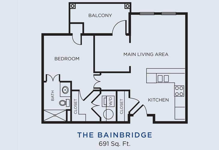 The Bainbridge floor plan features a single-bedroom apartment with a balcony, main living area, kitchen, and bathroom, totaling 691 square feet.