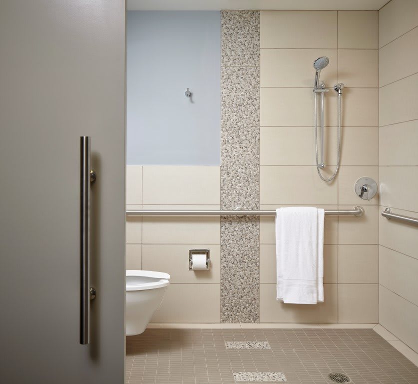 A modern and accessible bathroom with a shower, toilet, and grab bars.