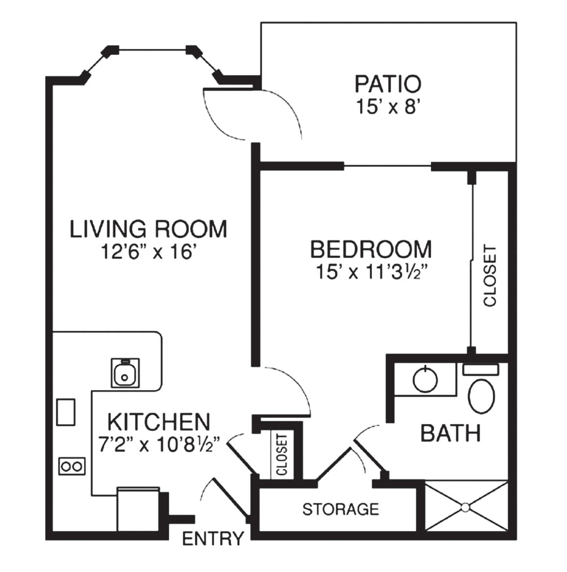This is a floor plan of a one-bedroom apartment featuring a living room, kitchen, bathroom, and patio.