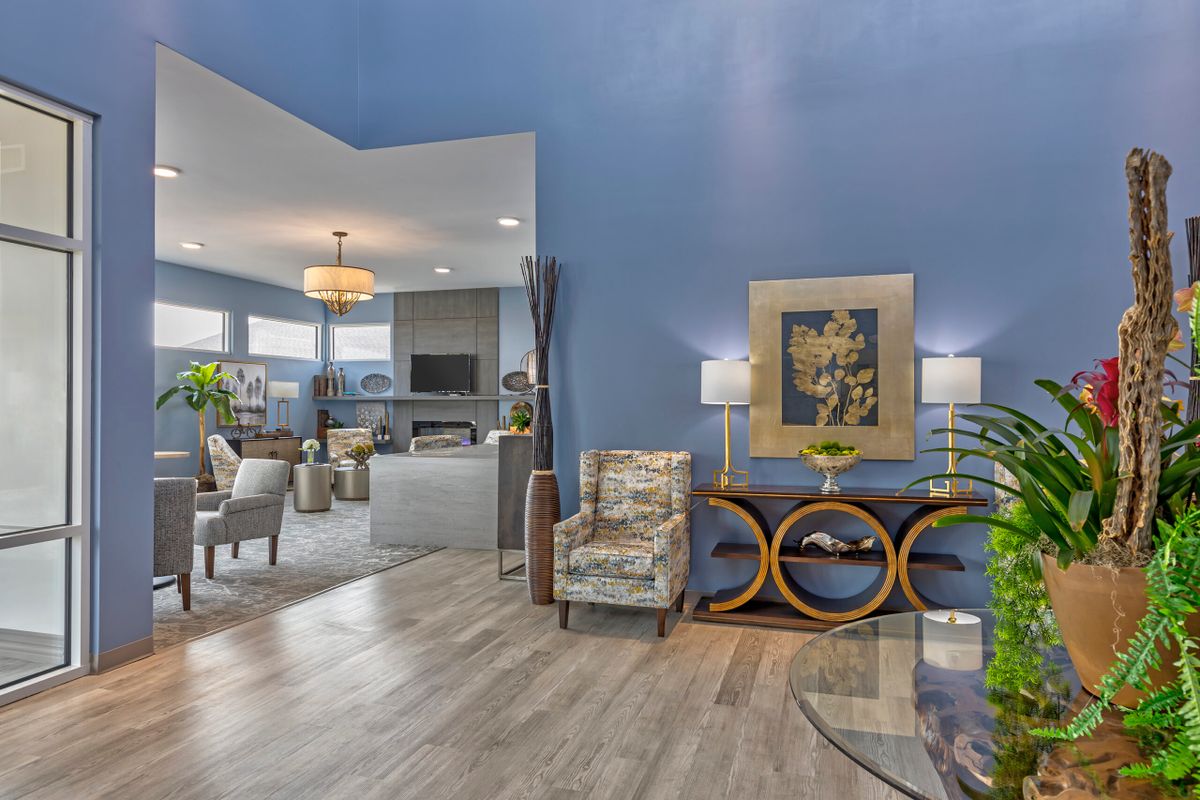 A modern living space featuring a blue accent wall, stylish furniture, and decorative artwork.