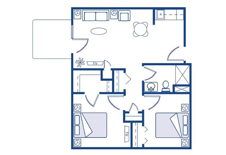 A blueprint of a two-bedroom apartment floor plan.