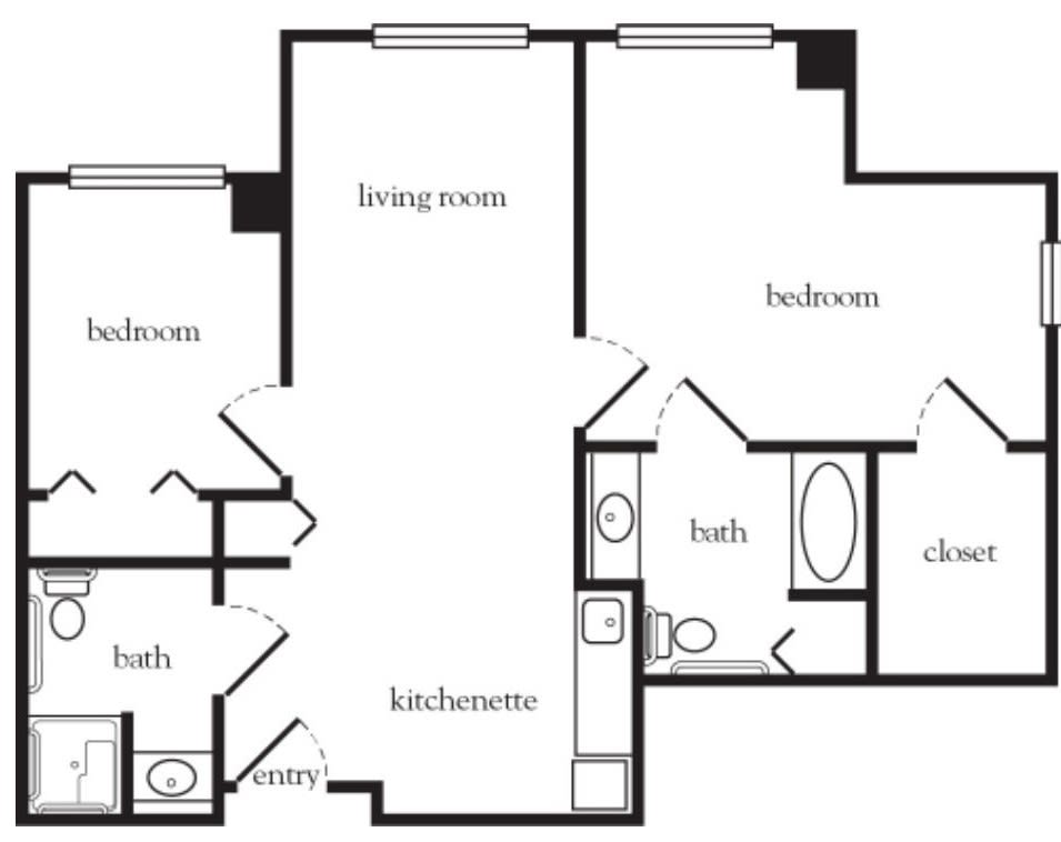 A floor plan of an apartment showing two bedrooms, a living room, kitchen area, and two bathrooms.