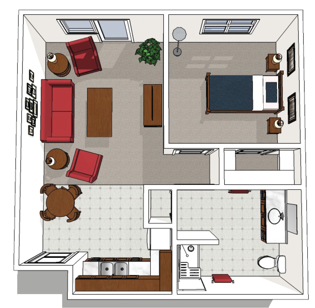 A top-down view of a small apartment floor plan featuring a living room, bedroom, kitchen, and bathroom.