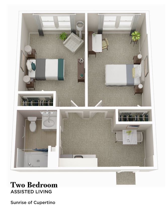 3D floor plan of a two-bedroom apartment layout.