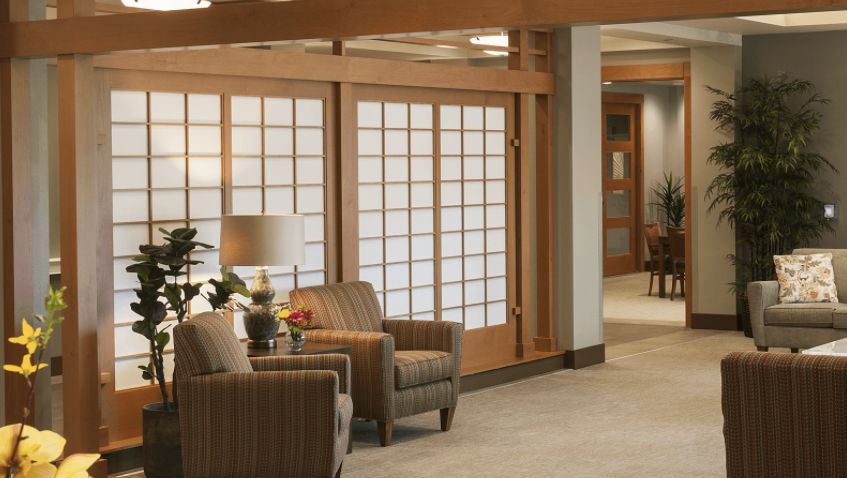 A modern waiting area with comfortable seating and stylish decor.