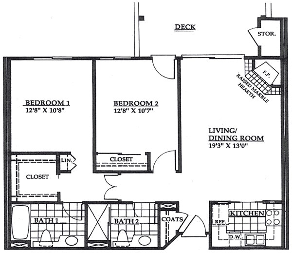 A floor plan showing the layout of an apartment with two bedrooms, a living/dining room, bathrooms, and a deck.