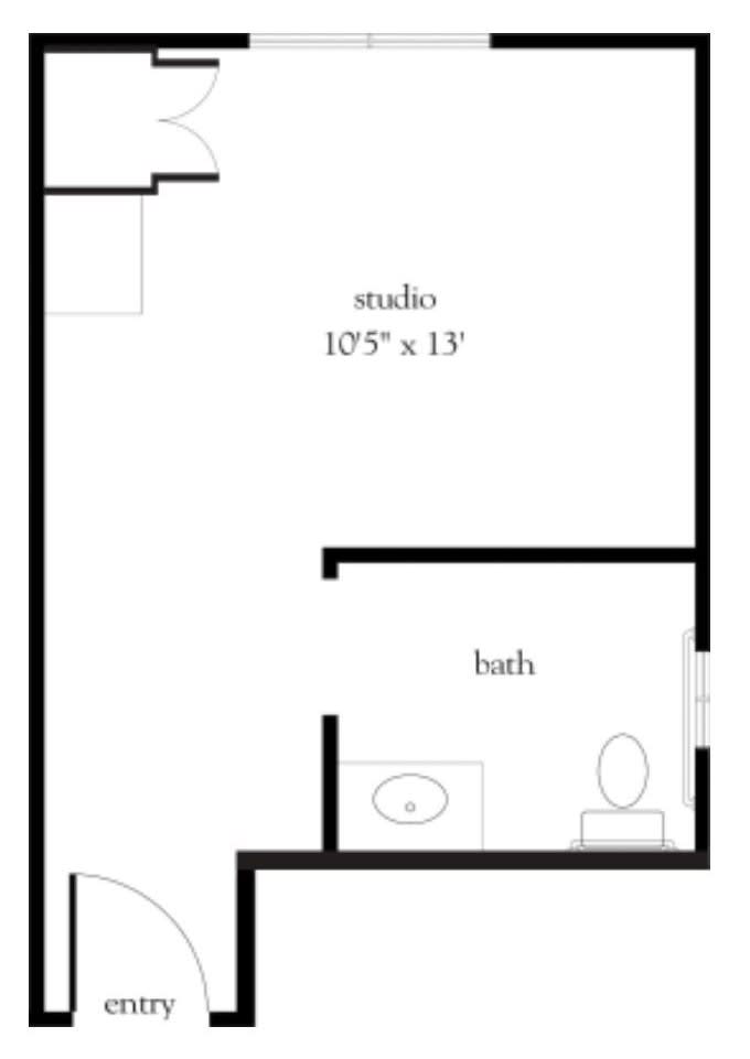Studio apartment floor plan with bathroom layout.