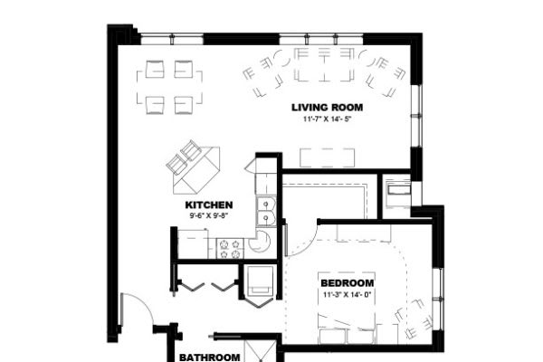 A detailed floor plan of a one-bedroom apartment showing the living room, kitchen, and bathroom layout.
