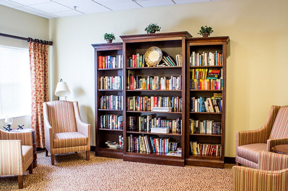 A cozy living room with a large bookshelf filled with books, a comfortable armchair, and small potted plants on top of the shelf.