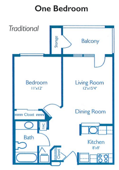 A traditional floor plan featuring a one-bedroom apartment with a living room, dining room, kitchen, bathroom, and balcony.