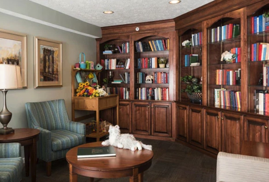 A cozy library corner with wooden bookshelves, comfortable seating, and a cat lounging on the table.