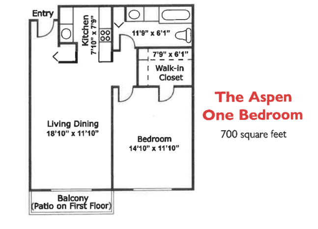 The Aspen One Bedroom Apartment Floor Plan with a total area of 700 square feet.