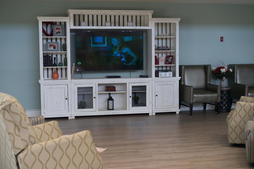 A cozy living room featuring a large entertainment center with a television and built-in bookshelves.