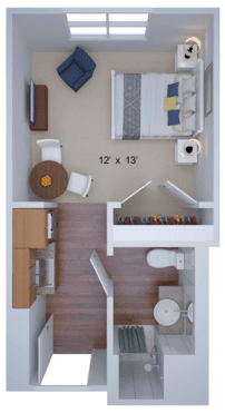 A compact apartment floor plan featuring a bedroom, kitchen, and bathroom.