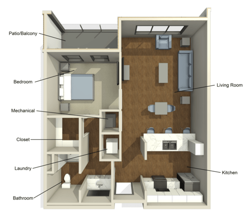This is a floor plan of an apartment featuring a living room, kitchen, bedroom, bathroom, and laundry area.