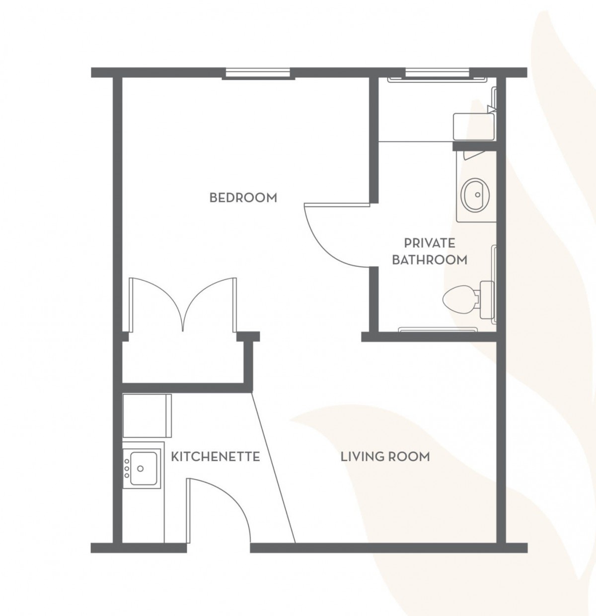 A simple floor plan of a one-bedroom apartment with a kitchenette, bathroom, and living room.