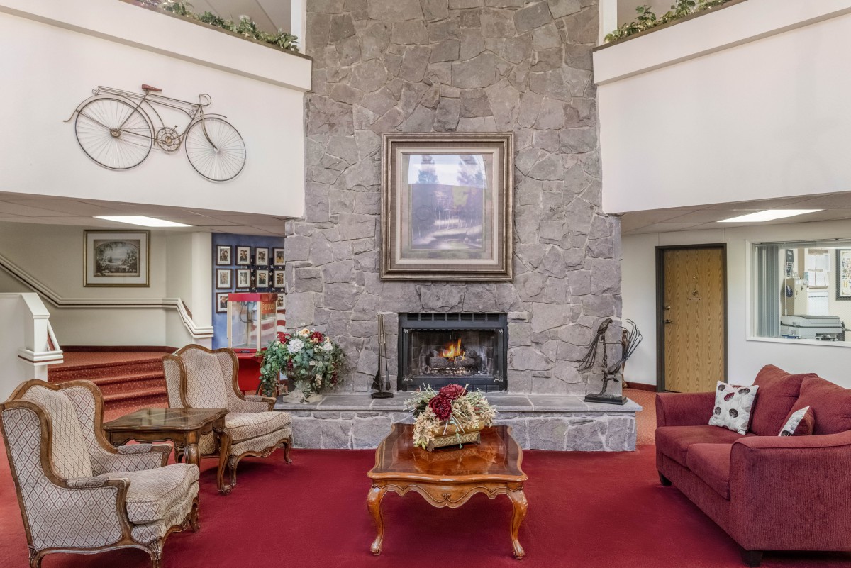 A cozy living room featuring a stone fireplace, elegant furniture, and unique bicycle decor on the wall.
