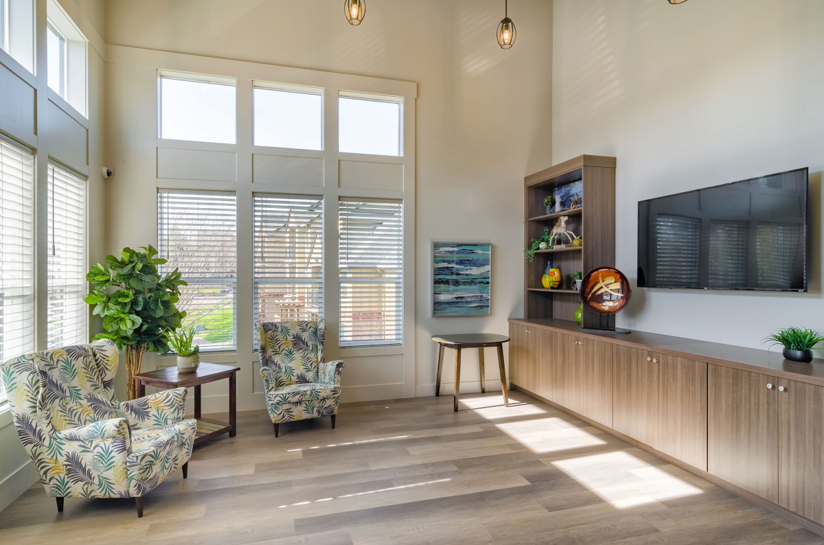 A spacious and modern living room featuring armchairs, a television, and large windows allowing for ample natural light.