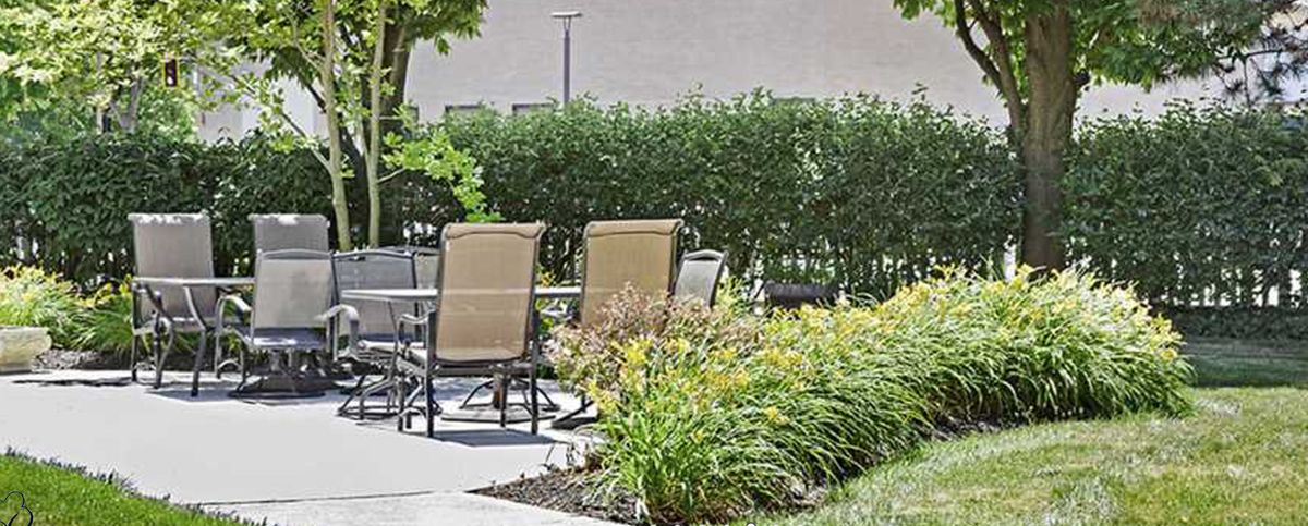A peaceful outdoor patio area featuring chairs and lush garden greenery.