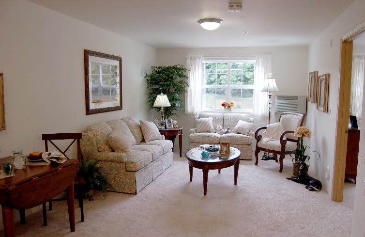 A cozy living room with sofas, chairs, and a coffee table, illuminated by natural light from a window.