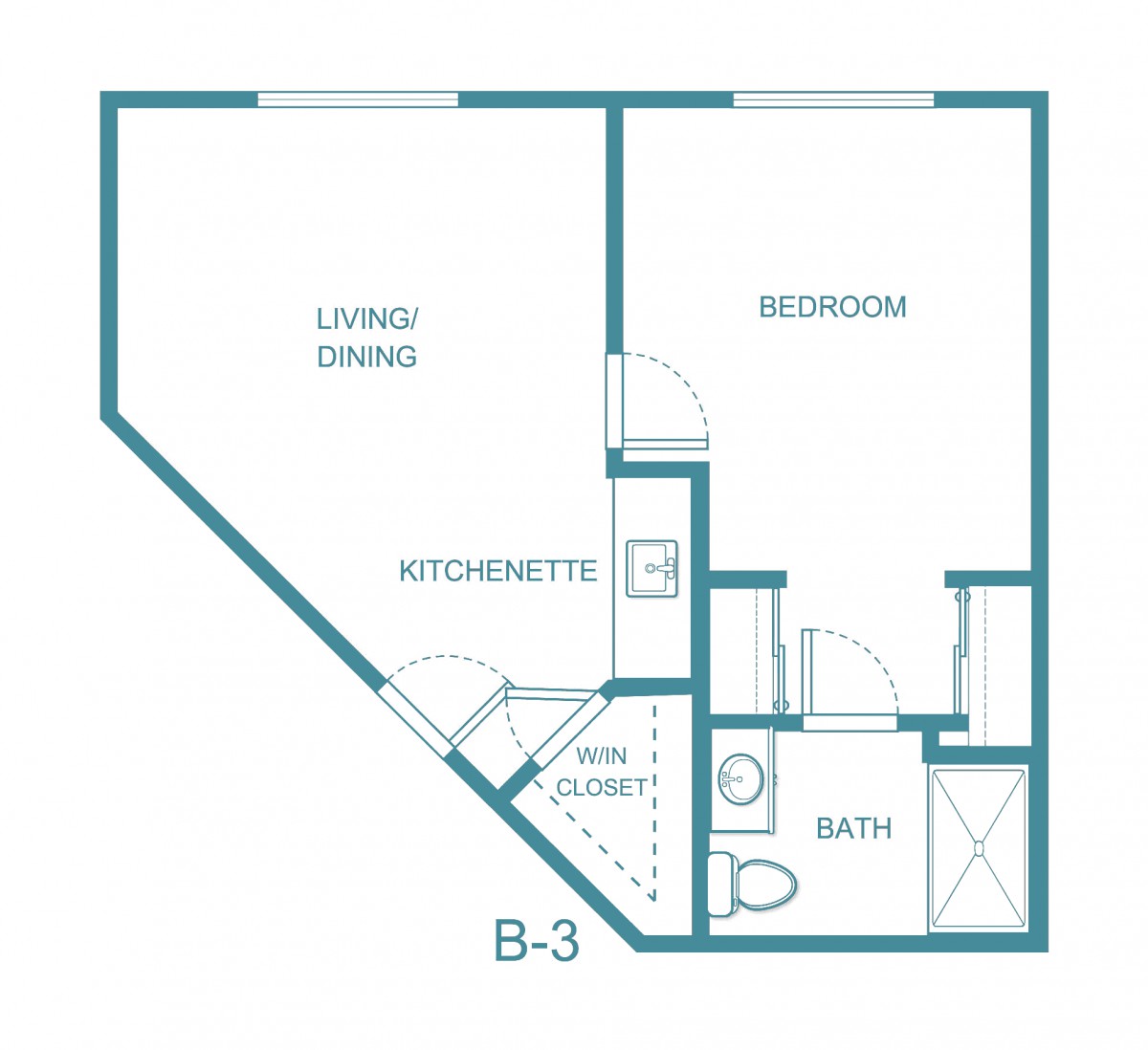 Blueprint of a one-bedroom apartment with living/dining area, kitchenette, and bathroom.