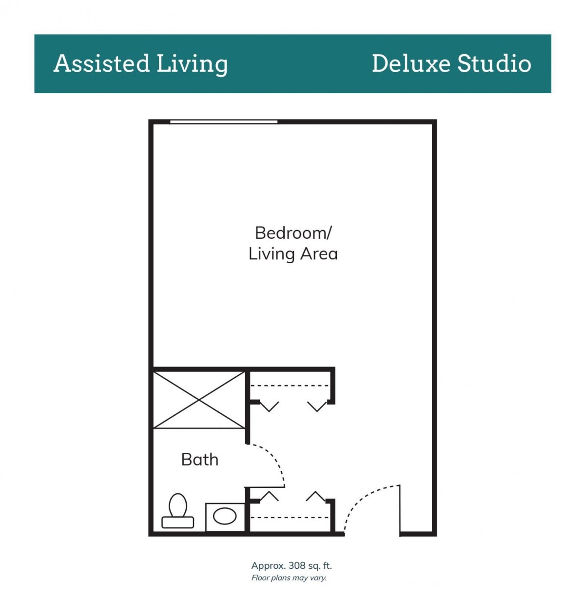 Floor plan of an assisted living deluxe studio apartment.