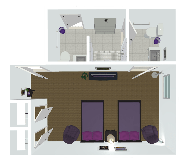 A minimalist floor plan of a yoga studio with exercise mats, incorporating modern interior design.