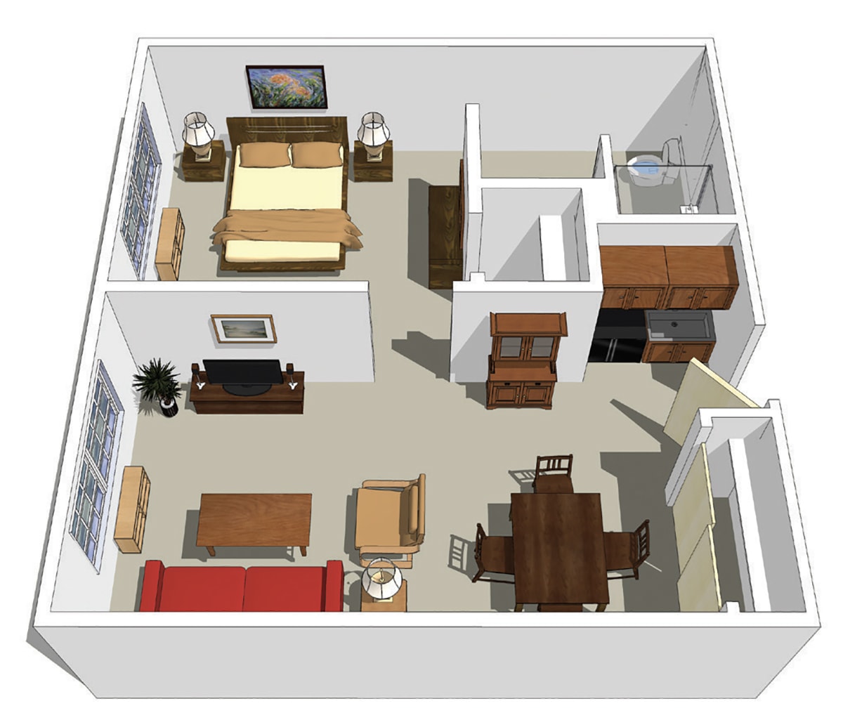 A 3D floor plan of a one-bedroom apartment with a living room, kitchen, and dining area.