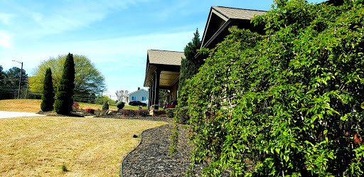 A well-maintained house surrounded by lush greenery and a clear blue sky.