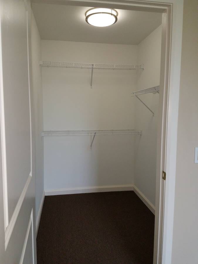 An empty walk-in closet with built-in shelves.