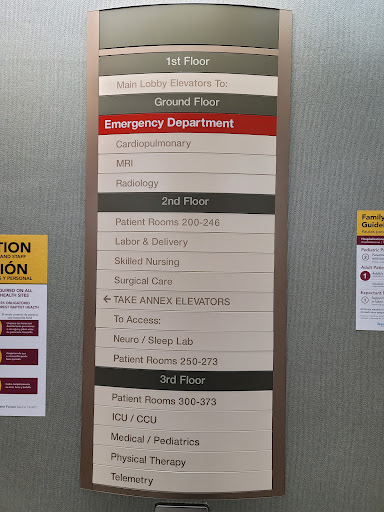 Signage directing to the Emergency Department and other hospital services.