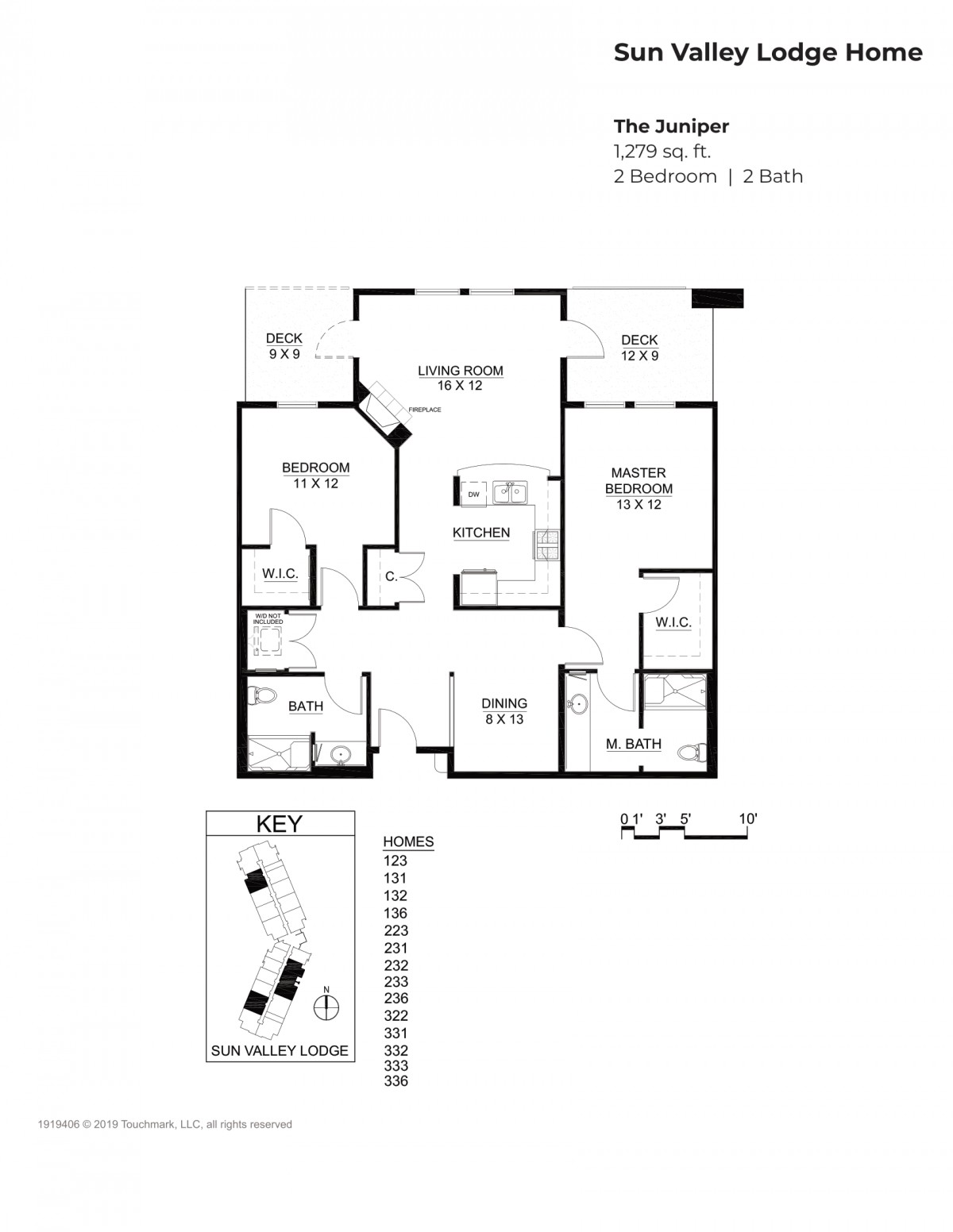 Floor plan showcasing a two-bedroom, one-bathroom apartment layout.