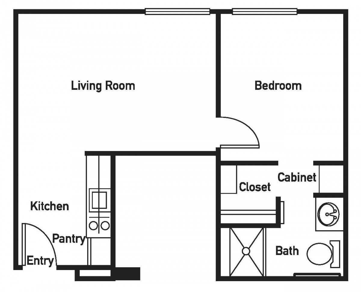 A simple floor plan showing the layout of an apartment, including a living room, bedroom, kitchen, pantry, closet, and bathroom.