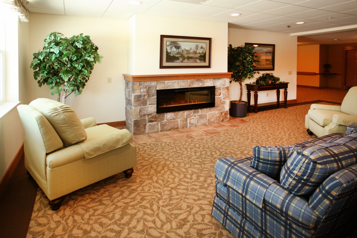A cozy living room with a fireplace, comfortable seating, and decorative plants.