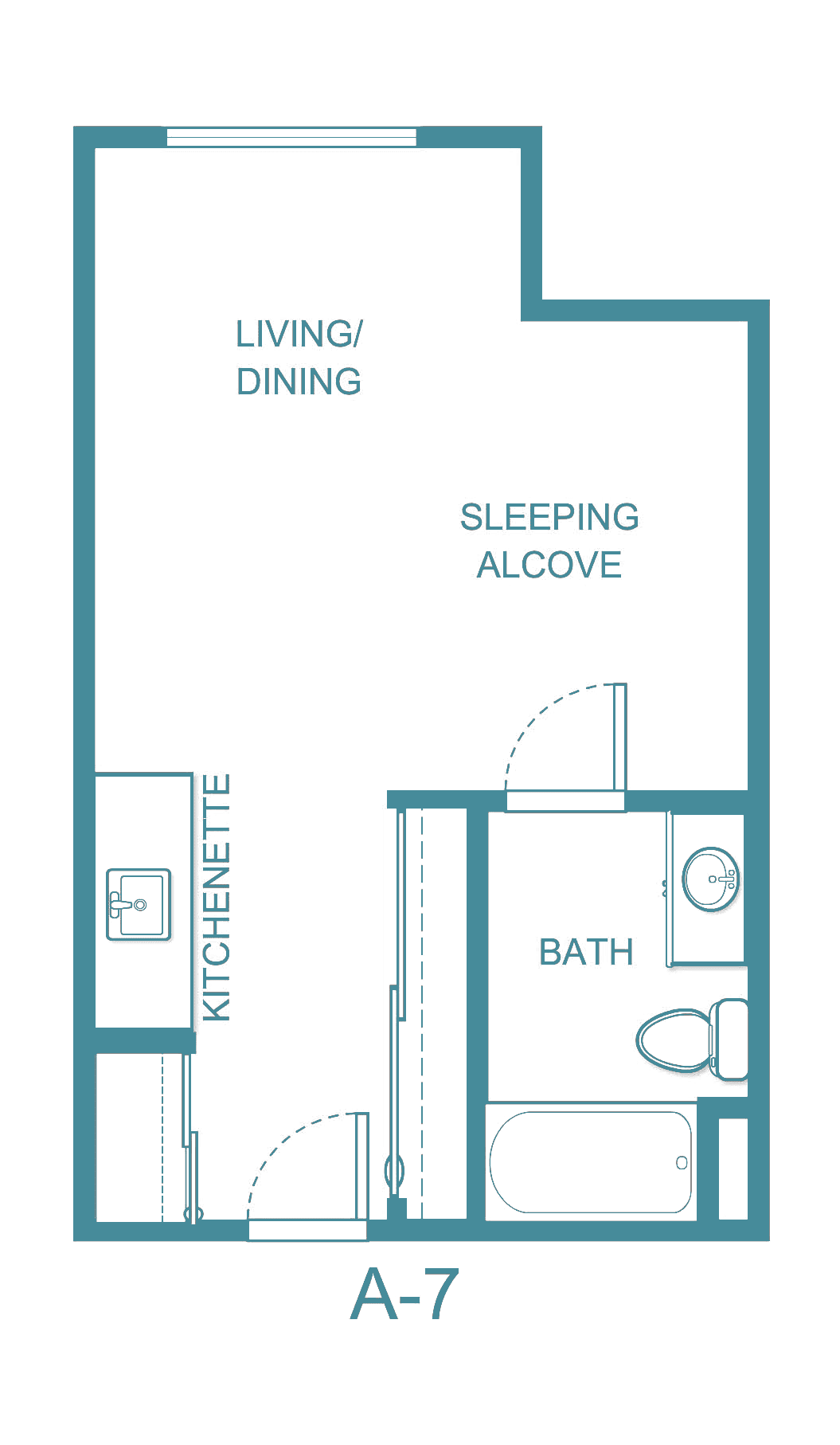 Studio apartment floor plan with kitchenette and sleeping alcove.