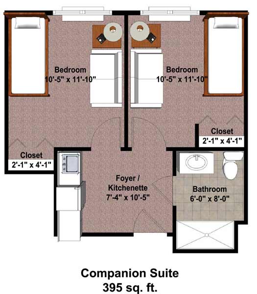 Floor plan of a companion suite featuring two bedrooms, a kitchenette, and a shared bathroom.