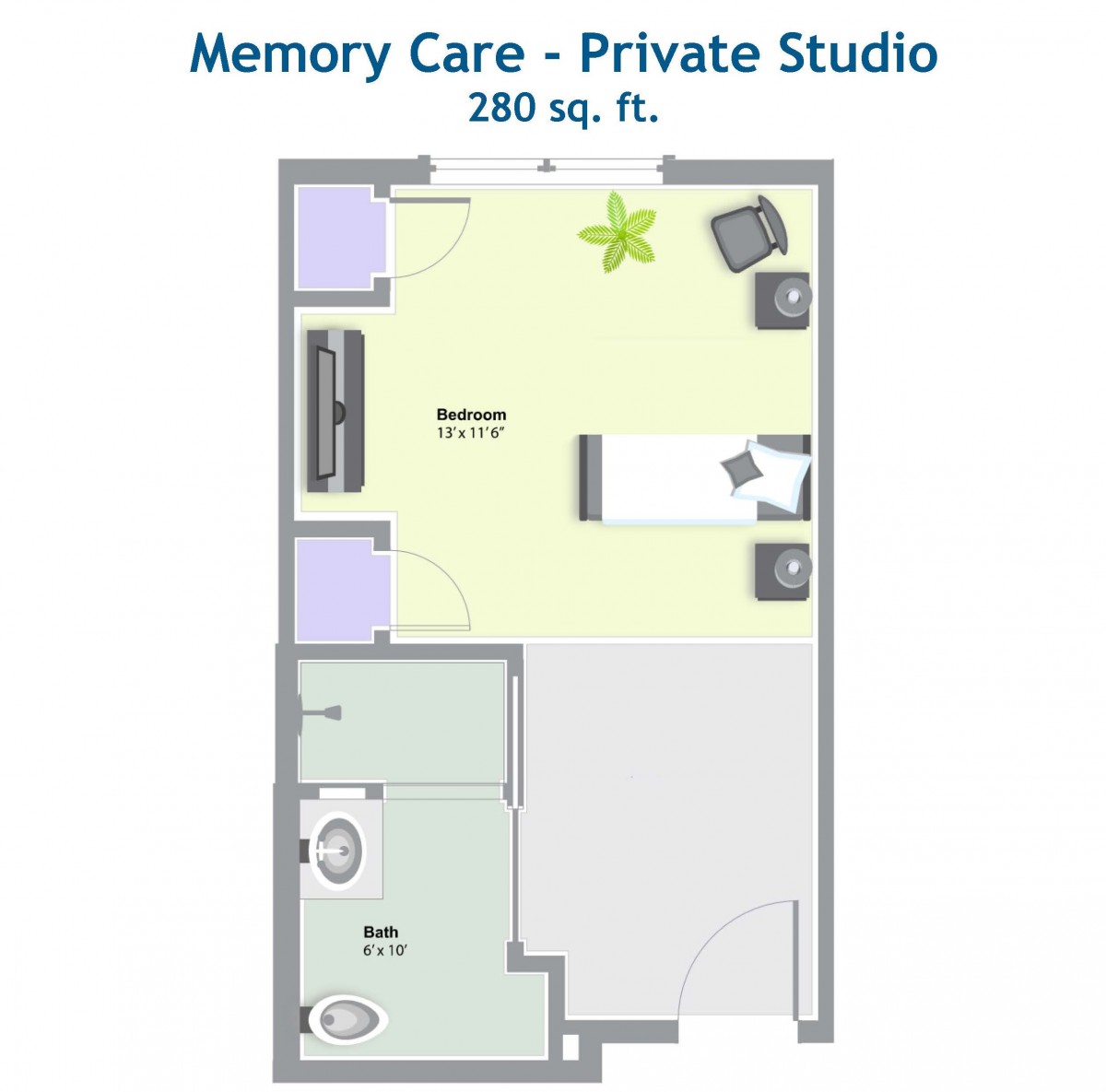 Floor plan of a memory care private studio, measuring 280 square feet.
