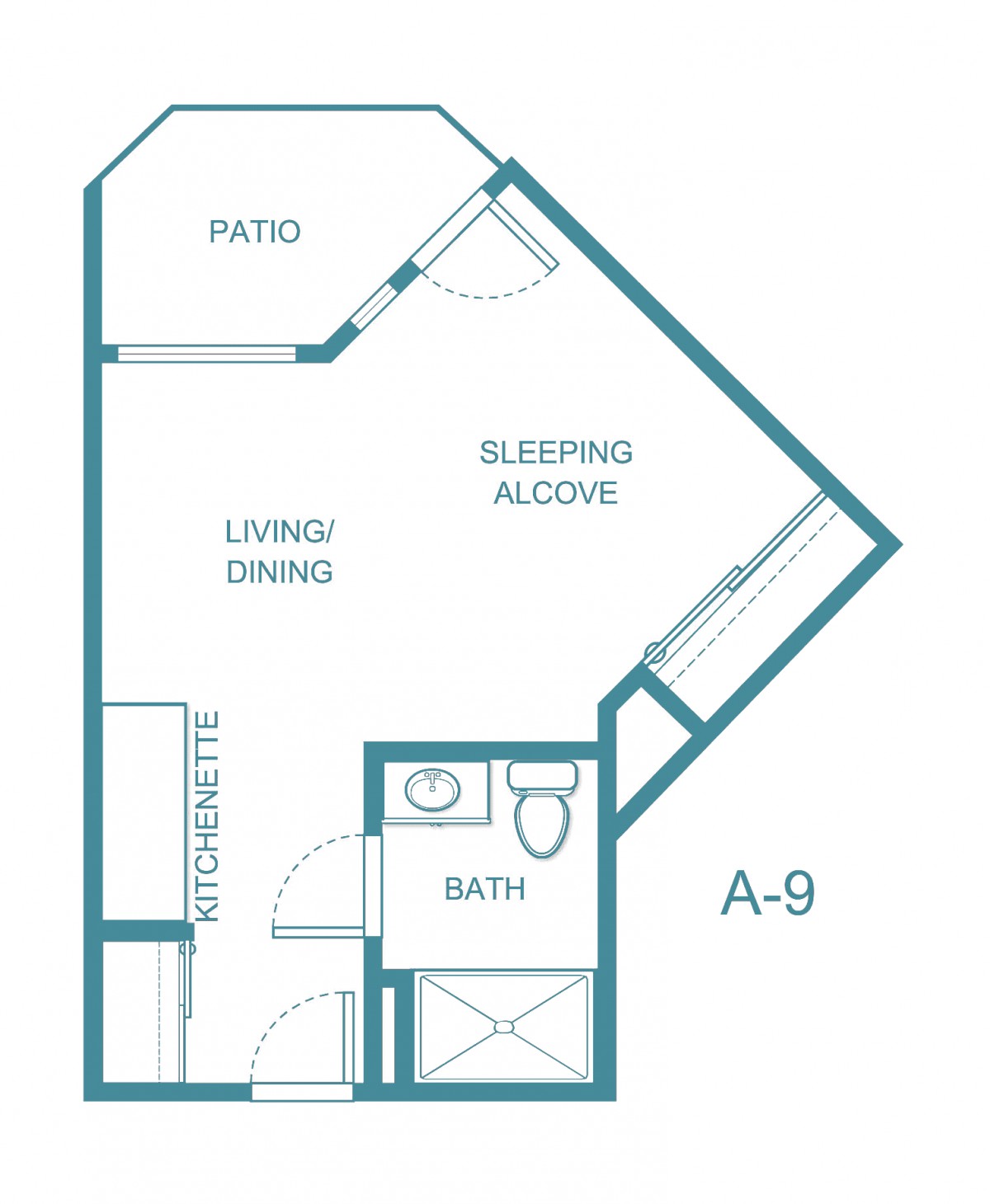 A compact studio apartment floor plan with a sleeping alcove, living/dining area, bath, kitchen, and patio.