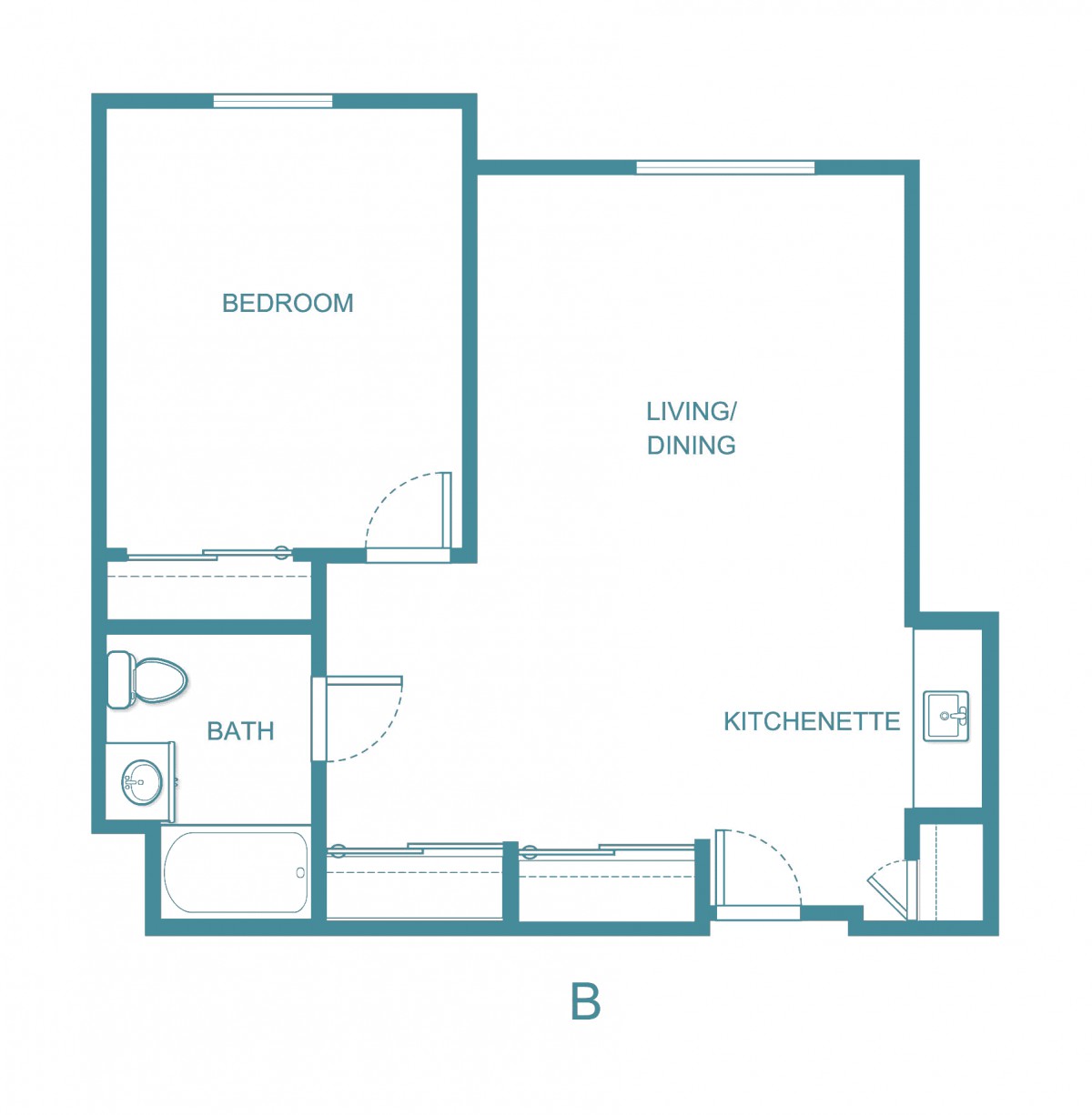 A simple floor plan of a one-bedroom apartment with a living area, kitchen, and bathroom.
