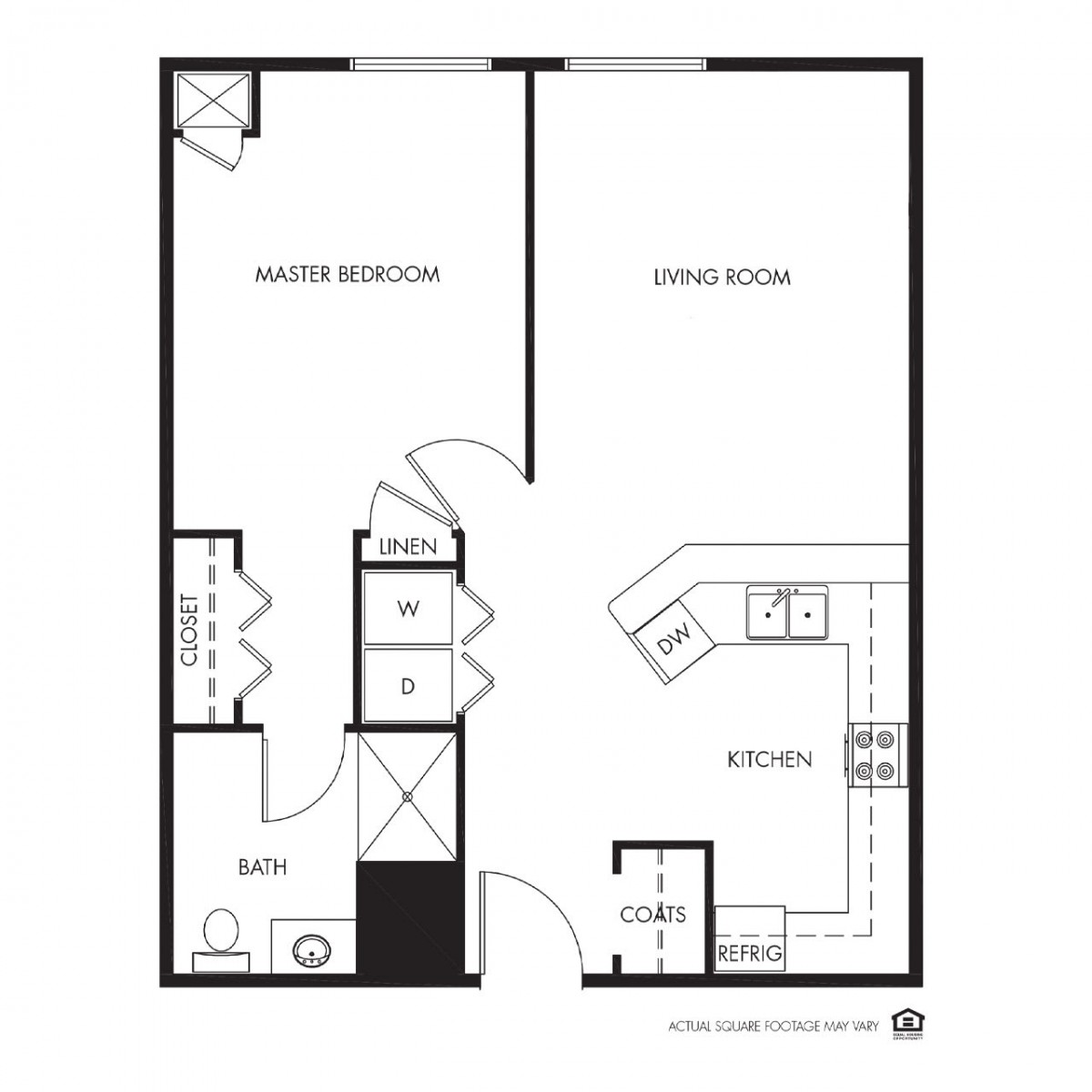 A floor plan of a one-bedroom apartment with a kitchen, bathroom, and living area.