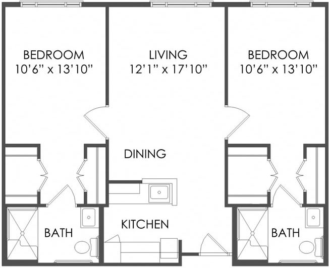 A floor plan showing a two-bedroom apartment with a living room, dining area, kitchen, and two bathrooms.