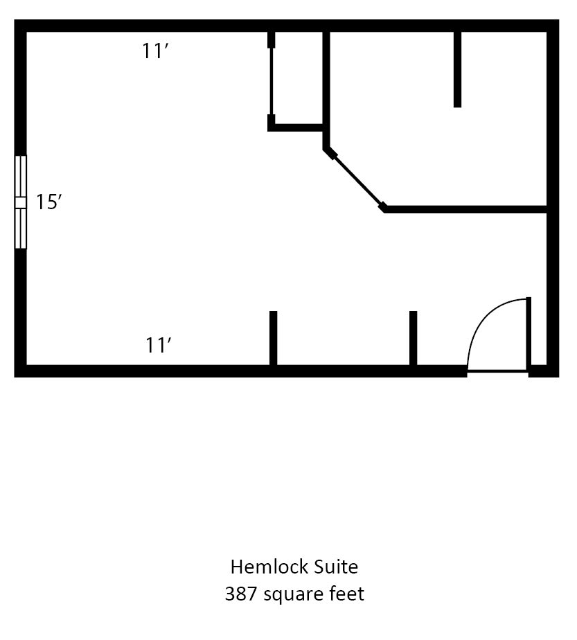 Floor plan of the Hemlock Suite measuring 387 square feet.