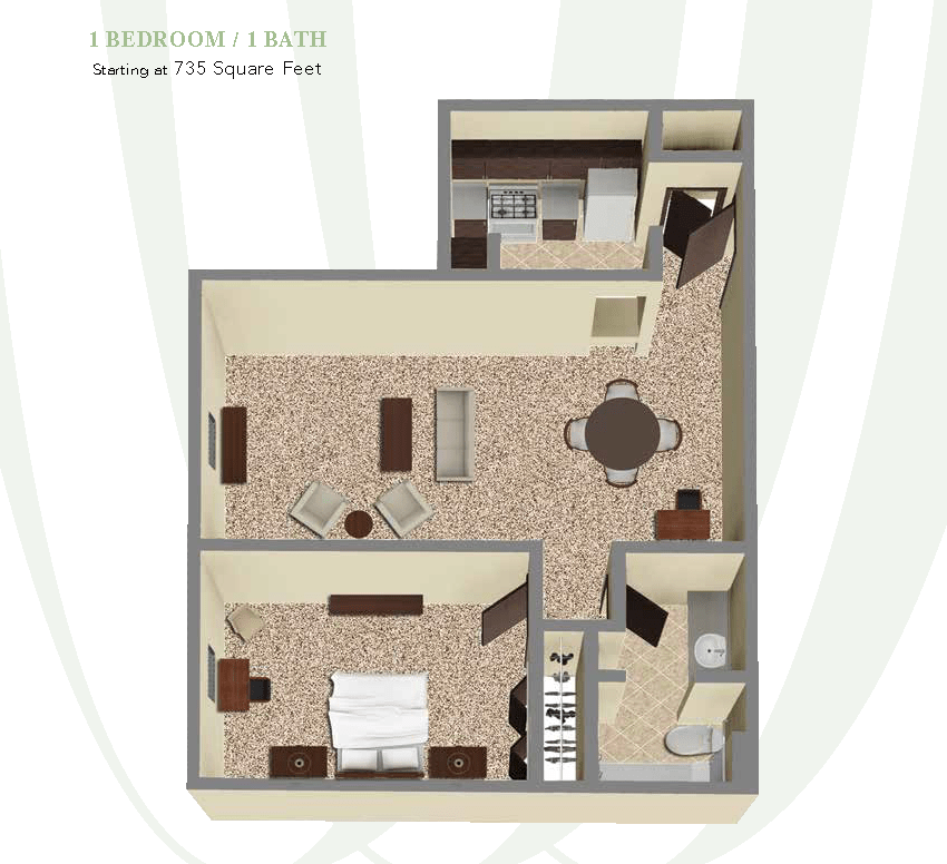 A detailed floor plan of a one-bedroom apartment featuring a living room, kitchen, and bathroom.