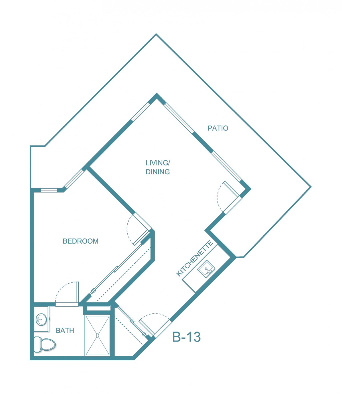 Floor plan of a one-bedroom apartment with kitchen, dining area, and bathroom.
