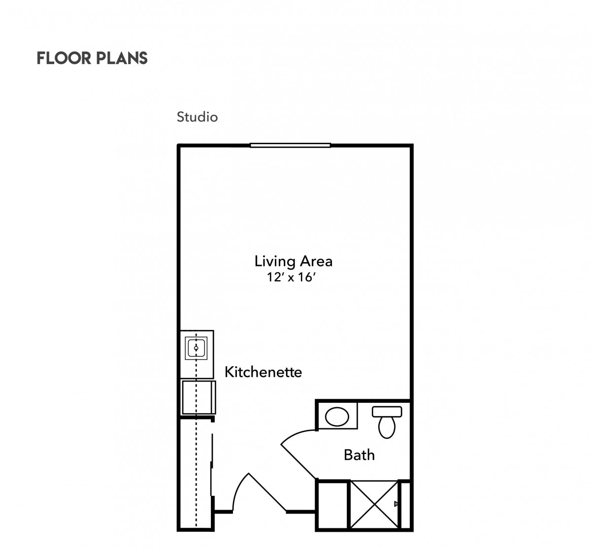 Studio apartment floor plan with a living area, kitchenette, and bathroom.
